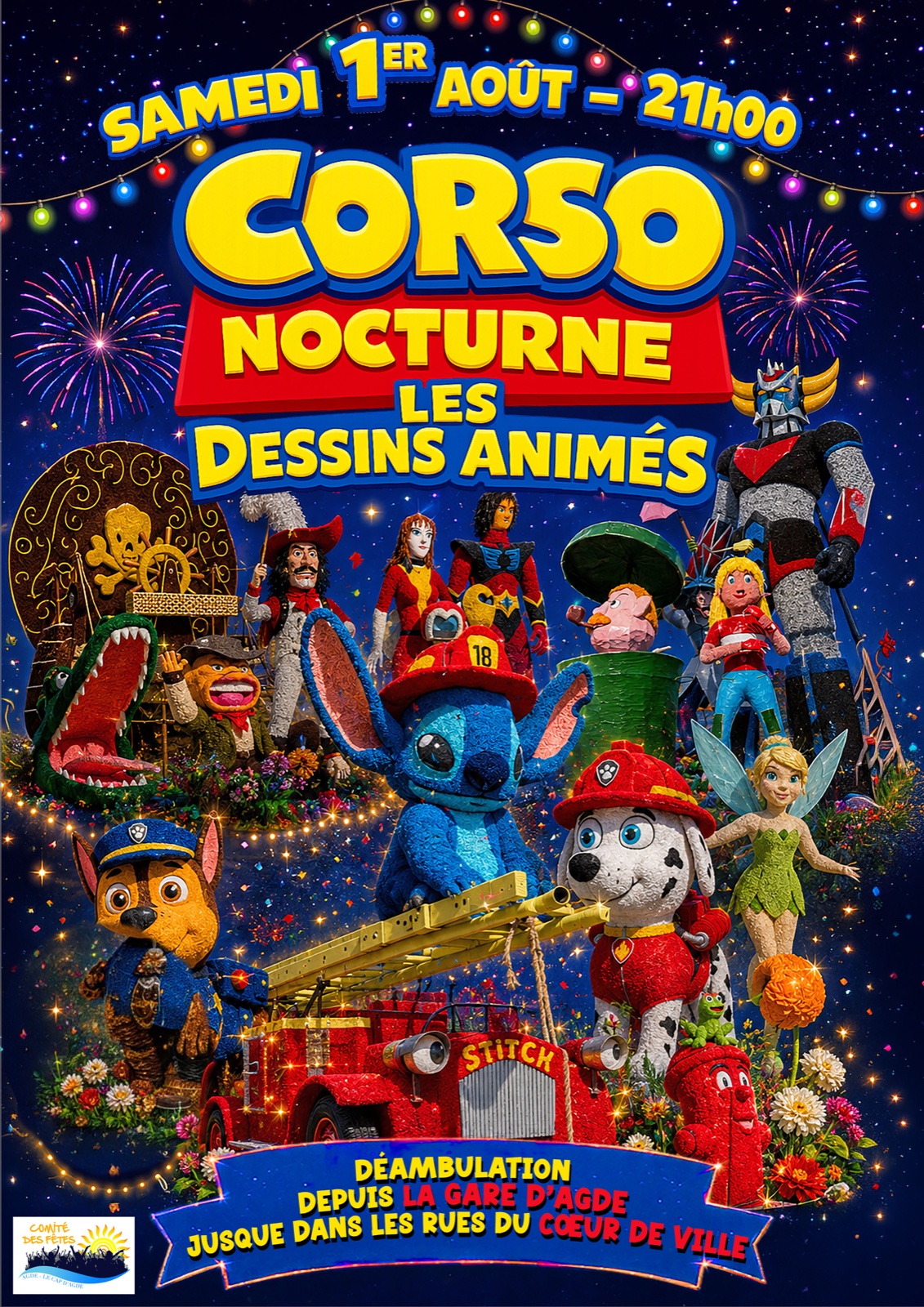 Affiche du Corso nocturne Les dessins animés, samedi 1er août à 21h, de la gare d’Agde au cœur de ville