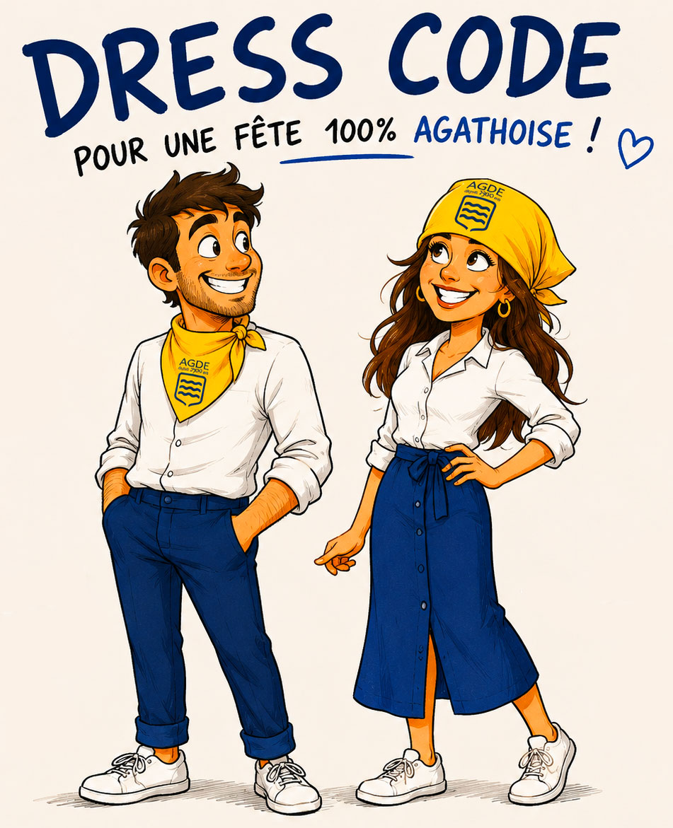 Illustration du dress code de la Fête d’Agde : haut blanc, bas bleu et bandana jaune