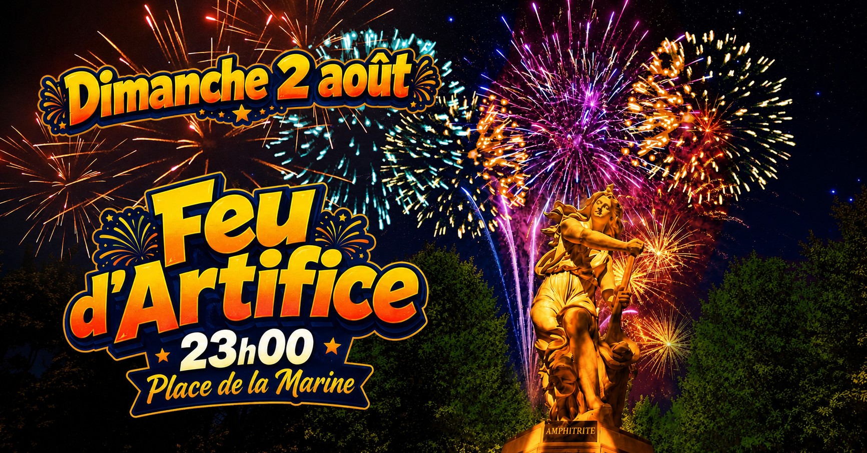 Affiche du feu d’artifice, dimanche 2 août à 23h, place de la Marine