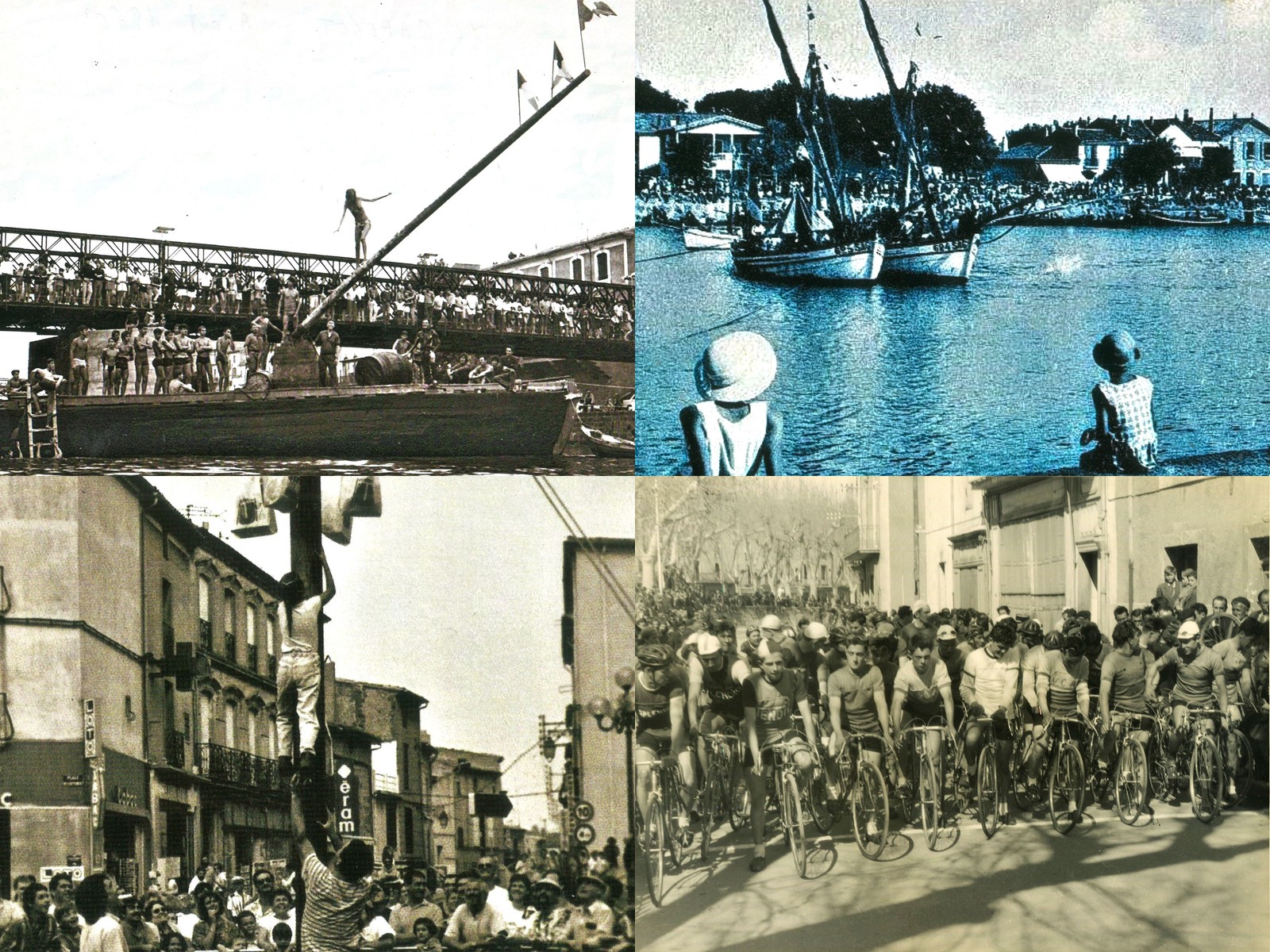 Mosaïque de quatre photographies anciennes de la Fête d’Agde : capelet, bateaux, mât de cocagne et course cycliste